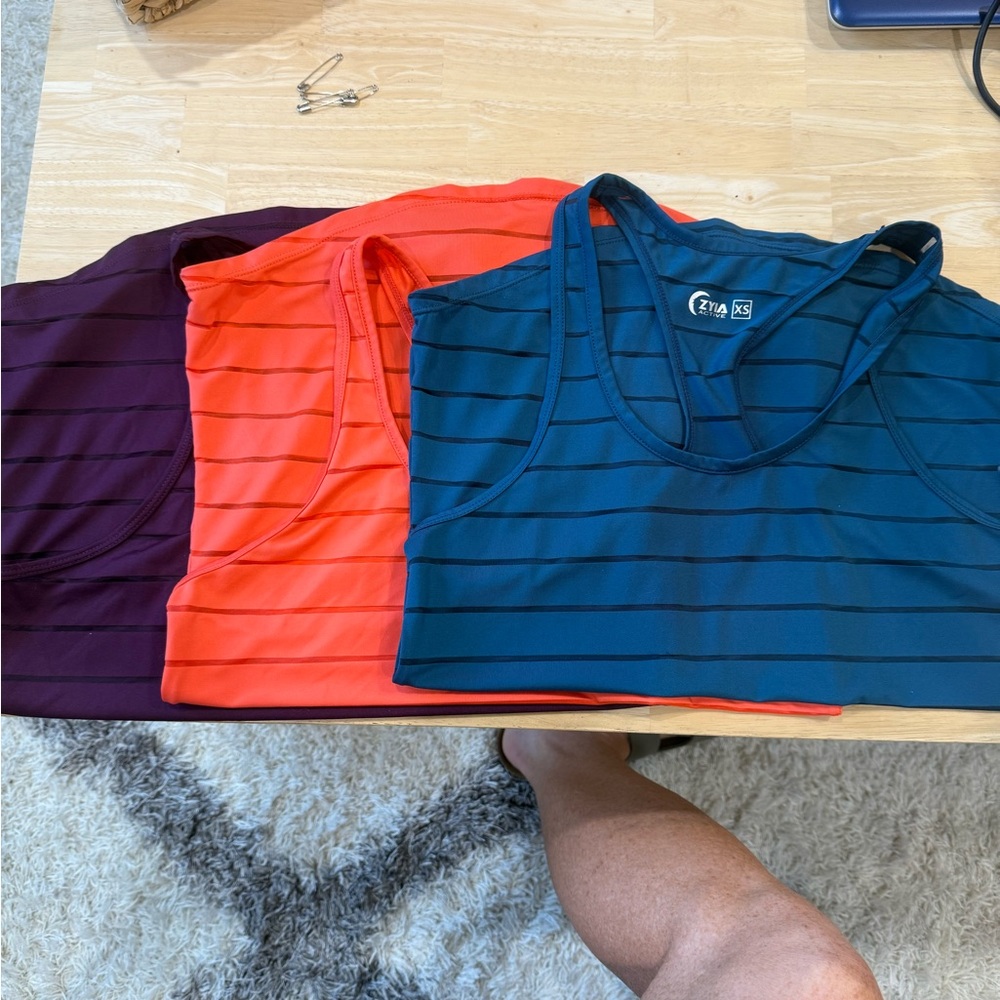 3 Zyia Colorful Striped Tank Tops - Dark Purple, Bright Orange, Deep Blue